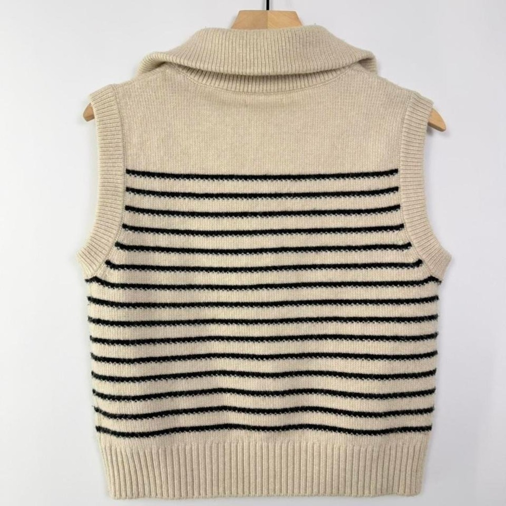 Rachel Zoe Striped Sweater Vest Cream Black Quarter Zip Knit Preppy - Picture 4 of 7